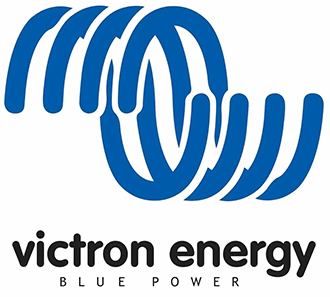 Logo Victron Energy Blue Power avec spirale bleue, marque d'équipements électriques pour véhicules aménagés
